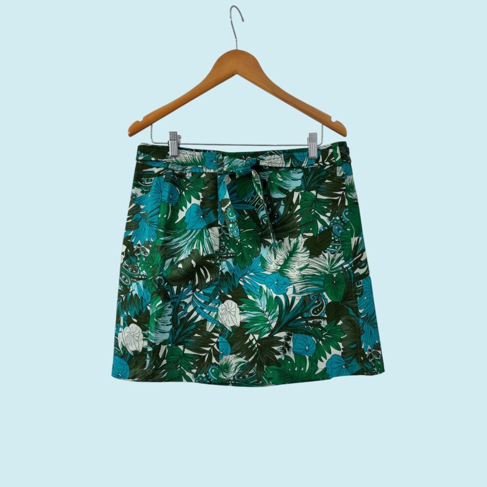 Ann Taylor Skirt Women's 10 Blue Green Tropical Print Belted Retro A-line Mini
